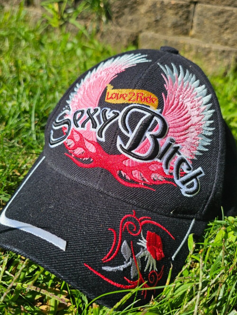 y2k Bikercore Baddie McBling Biker Chic Flames, Wings, Black & Pink Baseball Hat